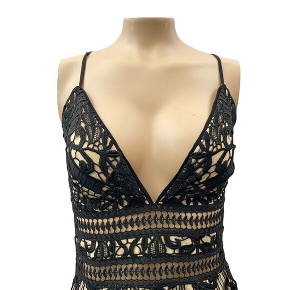 Saylor Black Guipure Lace Fringe Hem Spaghetti Strap Deep V-Neck Midi Dress S - Picture 4 of 11